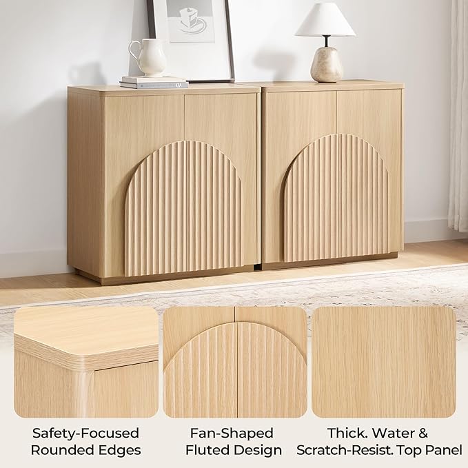 CHITA Sideboard Buffet Cabinet with Storage, Small Storage Cabinet with Doors and Shelves for Living Room Accent, Bar, Kitchen, Set of 2, Oak