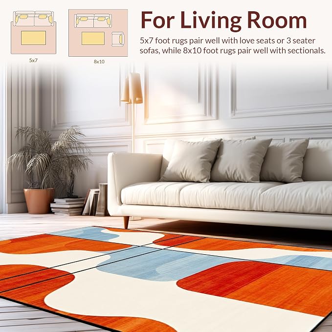 Flatwoven High Traffic Area Rug 6x9, Modern Art Deco with Geometric Flair and Colorful Accents, Non Slip, Stain Resistant, Washable Area Rugs for Living Room, Bedroom (Orange, 6x9)