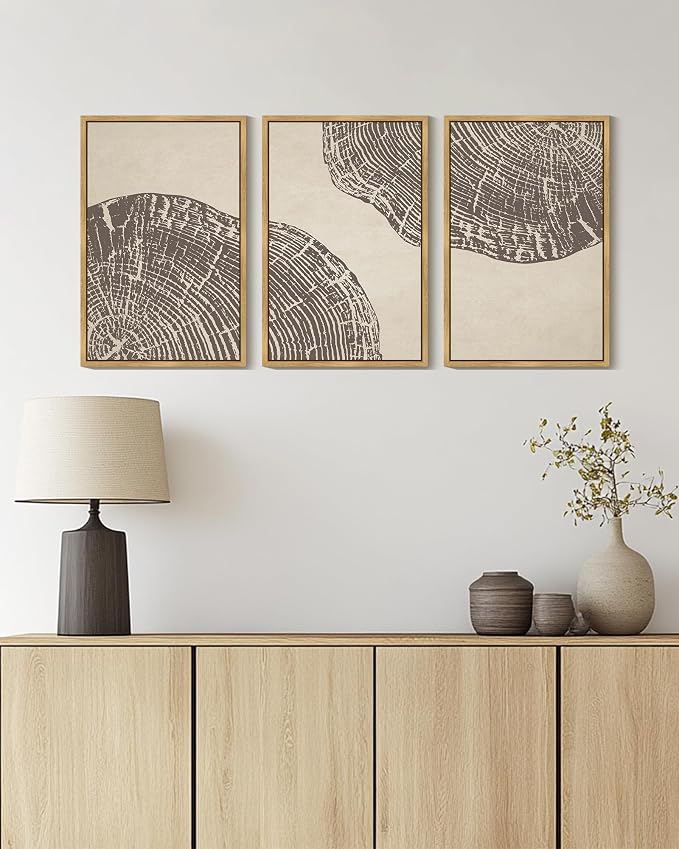 KUVIOKE Framed Tree Rings Wood Wall Art Modern Retro Beige Wood Stump Wall Decor Nature Rustic Art Print for Farmhouse Living Room Bedroom 16x24in (Natural Framed)