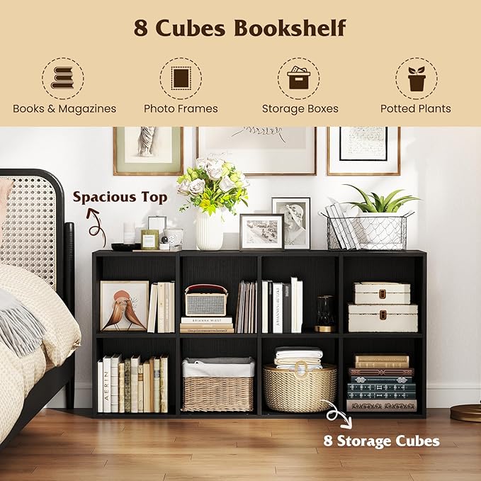 Tangkula 8-Cube Bookcase, Large Floor Standing Horizontal Bookshelf with 8 Open Shelves & 2 Anti-Tipping Kits, Home Office Wooden Storage Book Shelf for Living Room, Study (Black, 8-Cube)