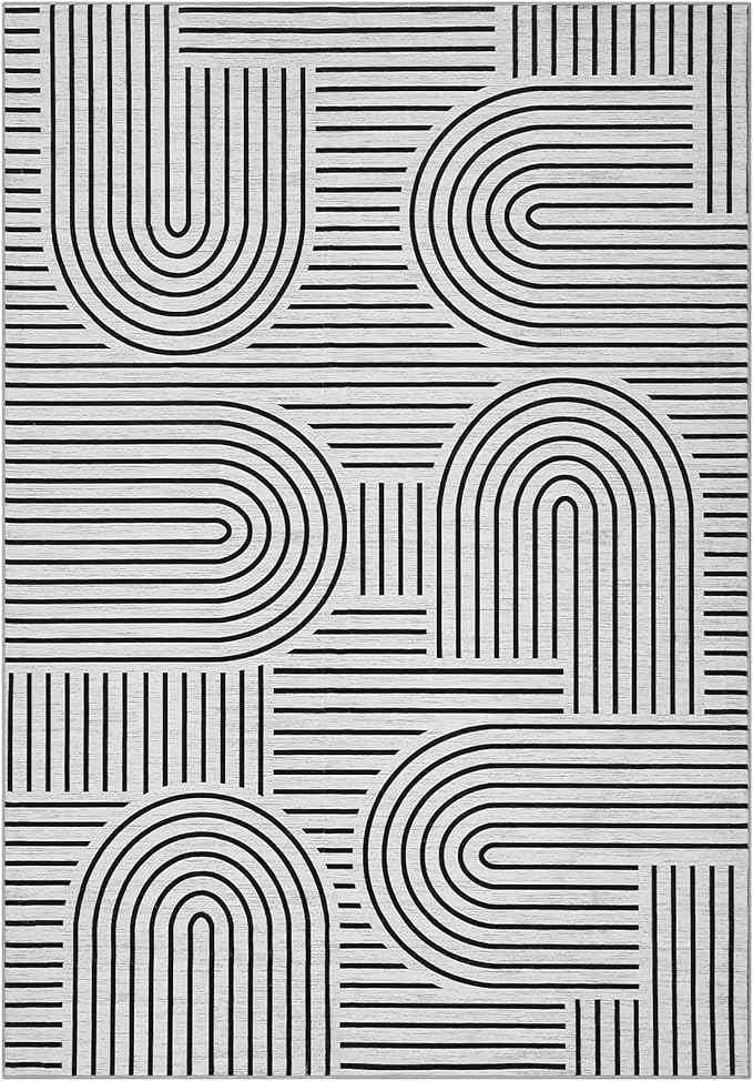 Washable Rug 8x10 Area Rugs for Living Room, Abstract Rug for Bedroom, Soft Rainbow Non Slip Rugs with Rubber Back, Low Pile Stain Resistant Boho Geometric Carpet for Dining Room, Blackwhite