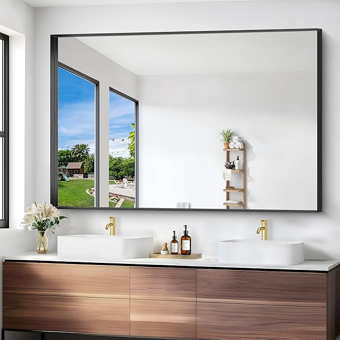 Black Bathroom Mirror, 42x42 Inch Rectangular Framed Mirror, Large Wall Mounted Bathroom Vanity Mirror Over Sink for Bedroom,Restroom, Living Room, Hangs Vertically or Horizontally