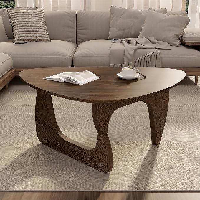 Modern Wood Coffee Table, Triangle Center Table with Premium Wooden Top& Unique Base, 35.5” Small Mid Century Tea Tables for Living Room, Apartment, Office,Walnut