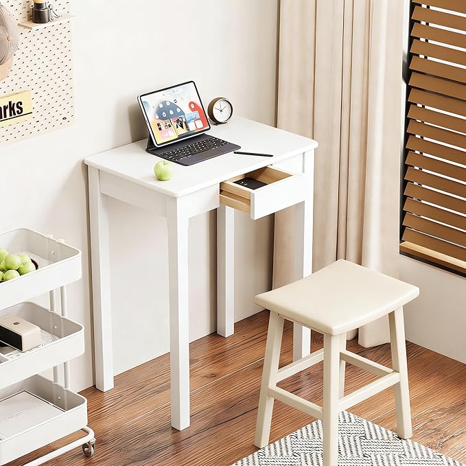 Solid Wood Desk with Drawers - 24 x 16 Inch Simple Narrow Desks, Rubber Wood Study Table, Small Writing Desk for Small Spaces|Bedroom - Modern White Desks