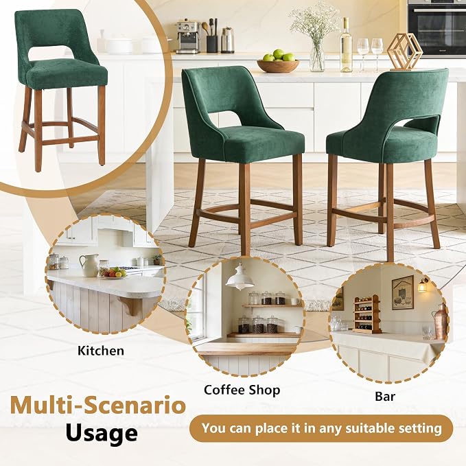 ClinQ Bar Stools Set of 3, 26" H Counter Height Bar Stools with Backs, Modern Upholstered Accent Barstools with Curved Footrest for Kitchen Island, Dining Room and Bar, Green-Walnut Legs