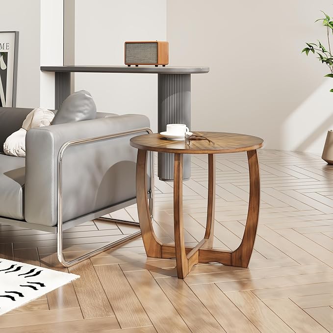 LEEMTORIG Mid Century Modern Round End Side Table Living Room, Walnut End Table Solid Wood Side Table, 23.6" Dia. Large Drum End Table Circle Nightstand Bedroom, Easy Assembly, Brown Walnut CJZ-3223