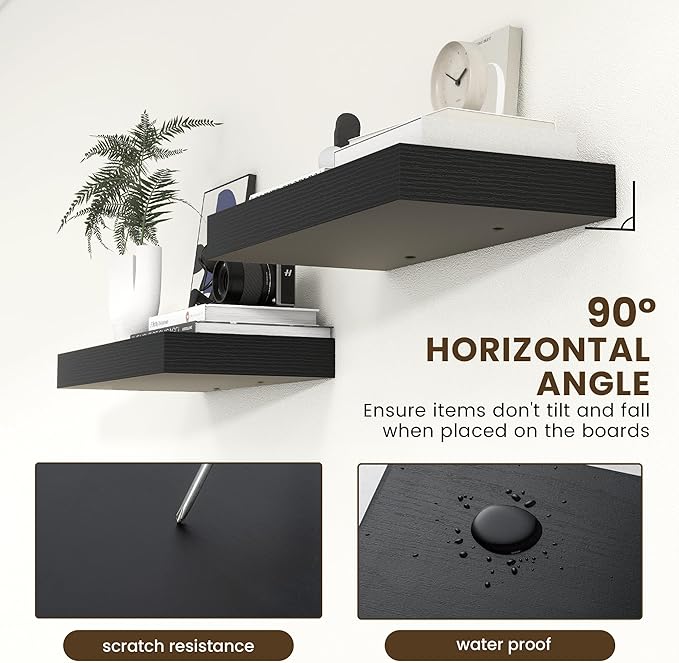 Deep Floating Shelves | 24 Inch Black Floating Shelves Set of 2 | 12 Inch Deep Rustic Wood Shelves for Wall | 24" W x 12" D Black Shelves for Living Room Bathroom Laundry Room Kitchen