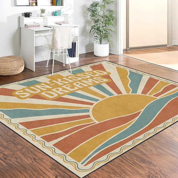 Area Rugs 3'x5' Washable Rug, Retro Sunburst Boho Stain Resistant Non Slip Backing Sunset Vintage Carpet for Living Room Bedroom Dining Room