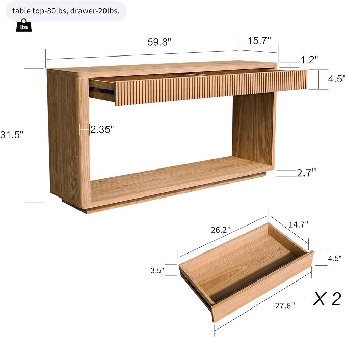 Wood Console Table, 59.8" Retro Long Sofa Table Behind Couch with 2 Fluted Drawers, Farmhouse Wooden Narrow Sofa Table Hall Table for Living Room Foyer Entrance Entryway, Natural