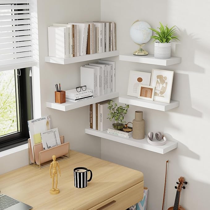 24 Inch Floating Shelves, 8 Inch Deep Floating Shelves for Wall, Hanging Shelf with Invisible Brackets, Deep Shelves for Bathroom, Bedroom, Living Room, White, Set of 2