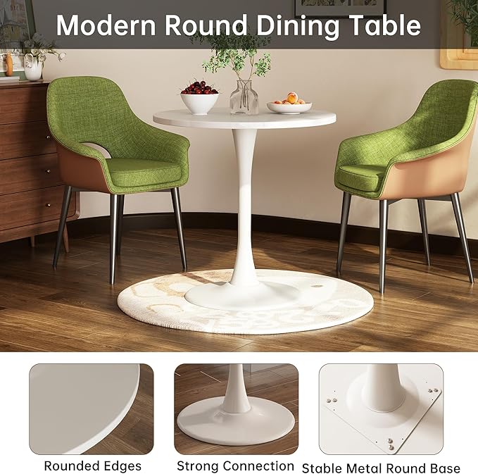 Round Dining Table 24" Circle Tulip Table with Wood Thickened Tabletop & Sturdy Metal Pedestal Mid Century Modern Leisure Bistro Kitchen Tables 2 People Small Places Living Room Cafe,White