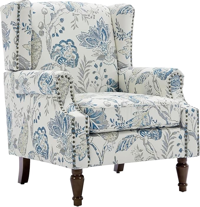 High Back Accent Chair, Fabric Upholstered Armchair Floral Wingback Chair for Living Room, Comfy Single Sofa Bedroom Reading Seat with Solid Wood Legs - Plants Blue