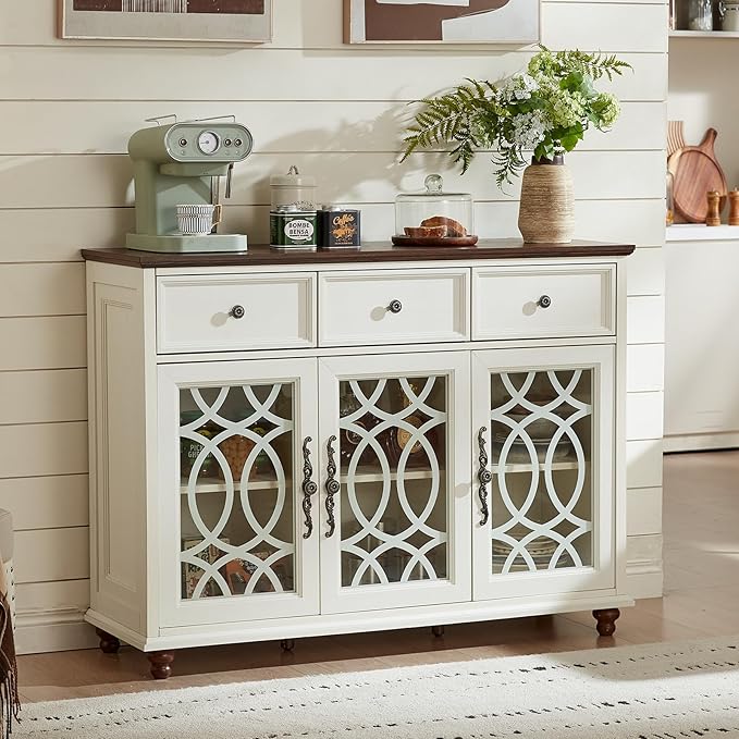 Large Sideboard Buffet Cabinet with Storage,48" Credenza with 3 Glass Doors & 3 Drawers,Adjustable Shelves Coffee Bar,Wood Kitchen Console Table for Dining Room,Living Room,White