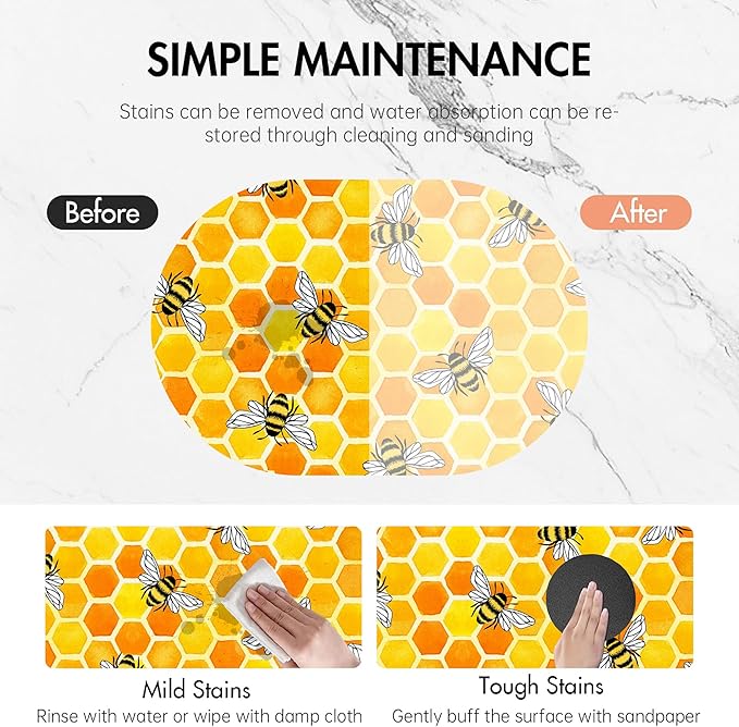 Diatomaceous Mud Bath Mat Yellow Honeycomb and Bees Oval Soft Wrinkle Free Bathroom Floor Rugs Non-Slip Super Absorbent Fast Drying Bath Rug for Bathroom Kitchen Door Mat 23.6x15.7 Inches