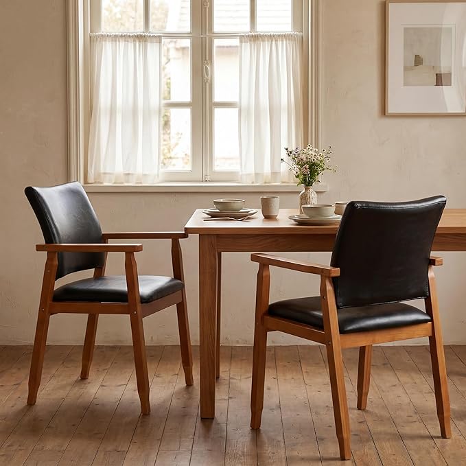 Dining Chairs with Arms Set of 2, Wood Frame Faux Leather Kitchen Chairs, Comfortable Upholstered Accent Chairs for Kitchen, Dining Room,and Living Room(Black)