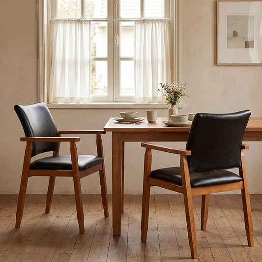 Dining Chairs with Arms Set of 2, Wood Frame Faux Leather Kitchen Chairs, Comfortable Upholstered Accent Chairs for Kitchen, Dining Room,and Living Room(Black)