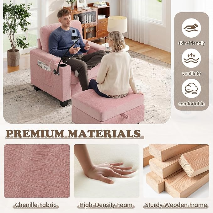 Small Chaise Lounge Chair Indoor with Ottoman&Adjustable Backrest,Chenille Tufted Recliner Comfy Sofa Chair with USB,Phone Holder&Storage Arms,Convertible Sleeper Couch Bed for Living Room(37"W,Pink)