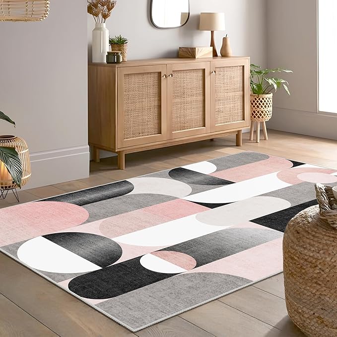 Pink Rug 4x6.5 Washable Area Rugs for Bedroom Living Room Kitchen Entryway Bedside,Modern Non Slip Carpet,Small Blush Grey Black