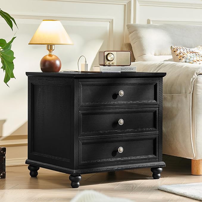 Farmhouse Nightstand with Charging Station, 24" Wide End Table with 3 Drawers,Wood Dresser Cabinet for Bedroom, Bed Side Table Chest of Drawers,Night Stand for Living Room, Closet,Black