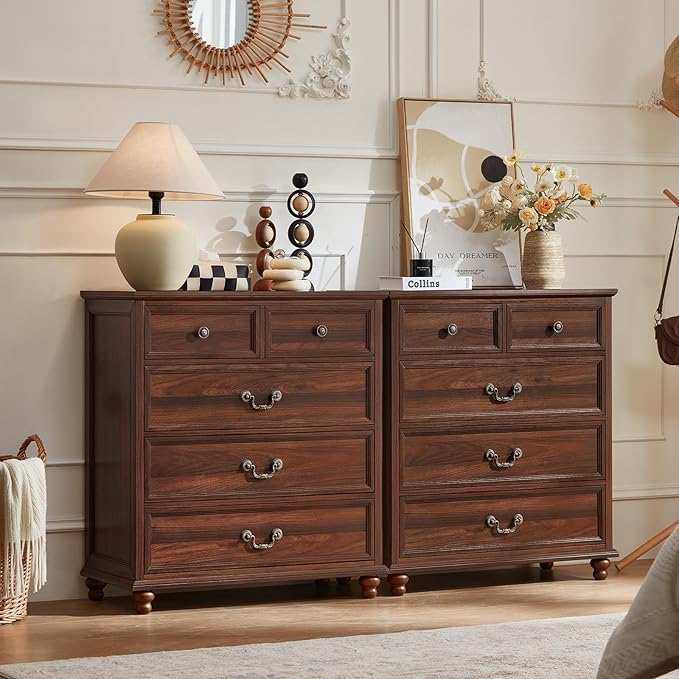 Farmhouse 5 Drawer Dresser for Bedroom, 35" Tall Rustic Chests of Drawers w/ 4 Solid Wood Feet, Mid Century Modern Wooden Closet Storage Dressers Organizer for Living Room, Hallway,Brown