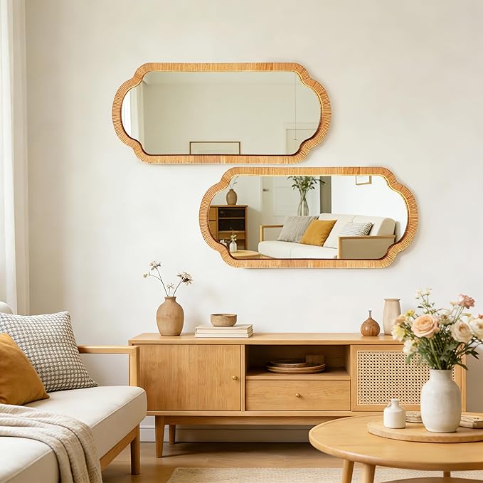 BAODANFU Rattan Wall Mirror,18" x 40" Handwoven Scalloped Decorative Mirrors, Boho Wicker Vanity Mirror for Bedroom, Dressing Closet Living Dining Room, Decor of Entryway Hallway Stairwell