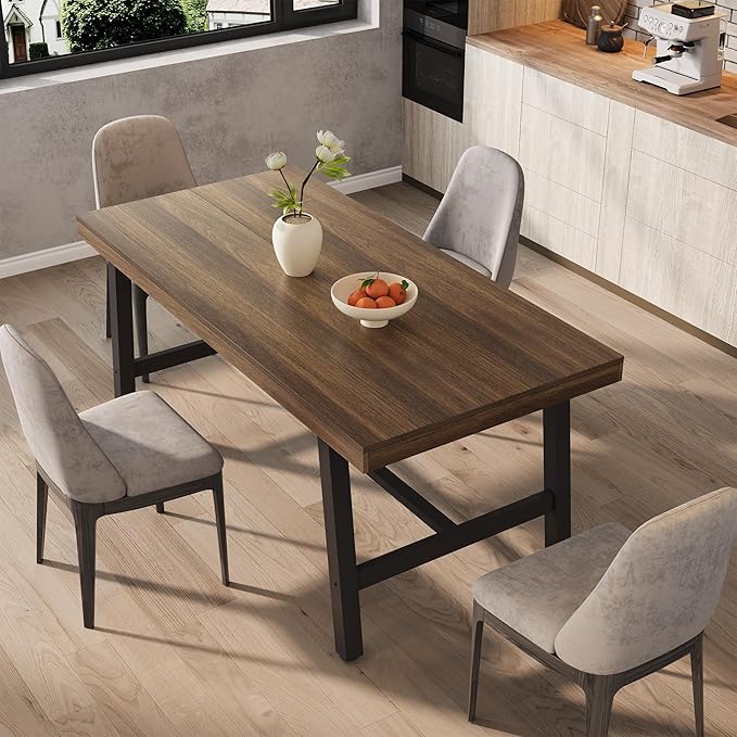 GarveeHome Industrial Dining Table for 4-6 People, 63" Long Wooden Kitchen Table with Sturdy Metal Frame & Rustic Brown Finish - Seats 4 Rectangular Counter for Dinner, Kitchen, Dining Room - Brown