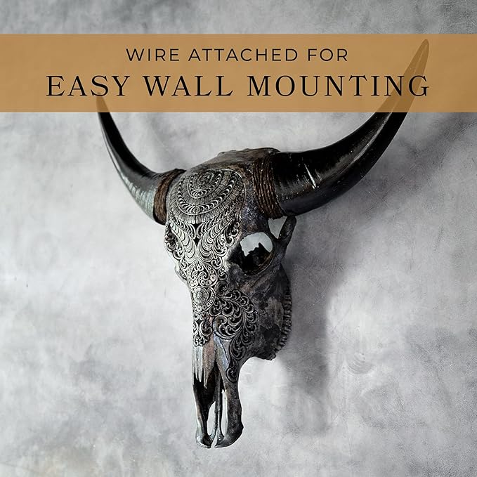 Skull Bliss - Hand-Carved Real Authentic Taxidermy Cow Skull/Bull Skull Wall Decor with Horns/Real Animal Cow Skull Wall Decor (Standard Horns)