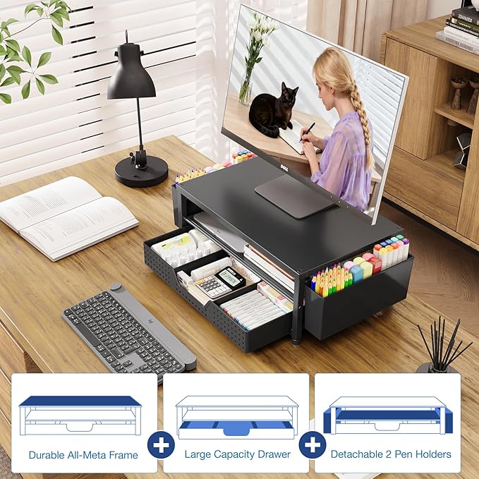 OPNICE Desk Organizers and Accessories, Computer Monitor Stand Riser with Drawer and 2 Pen Holders, Printer & Laptop Stand, Office Desk Accessories & Workspace Organizers for Home Office Supplies, Black