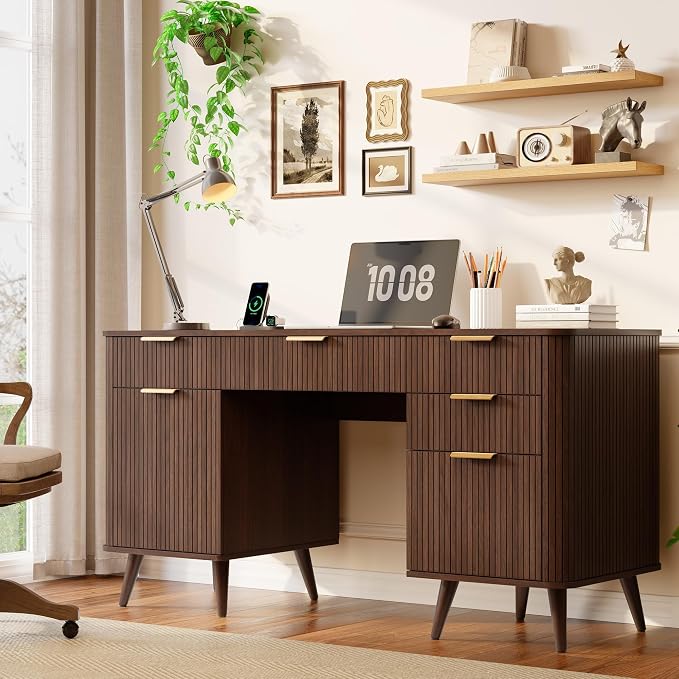 Whalefall 59" Fluted Executive Desk with Charging Station, Modern Wood Home Office Desk with 5 Drawers & File Cabinet, Computer Writing Desk for Study, Walnut (Executive Desk)