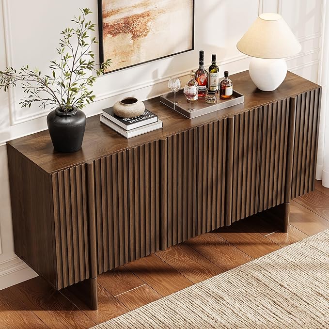 ONBRILL 63" Fluted Sideboard Buffet Cabinet with Storage, Large Sideboard Cabinet with Adjustable Shelves, Modern Credenza with 4 Doors, Kitchen Cabinets for Living Room, Entryway, Black