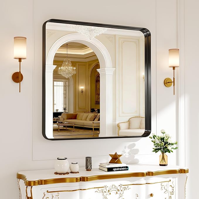 36 Inch Brushed Nickel Bathroom Mirrors for Over Sink, Rounded Rectangle Black Vanity Mirror, Farmhouse Mirror for Wall, HD Tempered Glass, Anti-Rust Mirror,Hangs Horizontally or Vertically