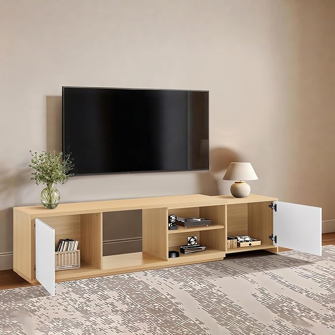 Extendable TV Stand for TVs up to 90",Modern Entertainment Center with Adjustable Shelf,Television Stand with 2 Storage Cabinets,Wooden TV Media Console for Living Room Bedroom Natural Oak