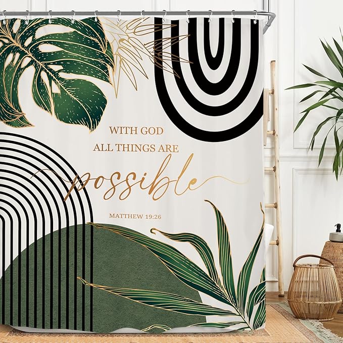 Miyotaa Emerald Sage Green Abstract Shower Curtain Set 60Wx71H Inches Minimalist Aesthetic Modern Contemporary Plant Quotes Bible Positive Polyester Waterproof Bathroom Curtain with 12 Hooks