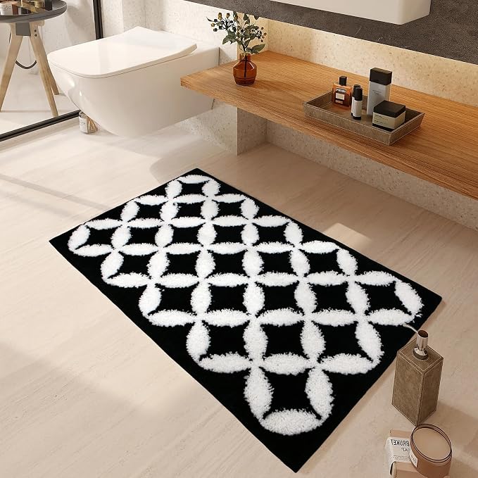Civkor Black and White Bathroom Rug Non Slip Washable, Tufted Bath Mat for Bathroom with TPR Backing, Quick Dry Fluffy Microfiber Piles, Super Water Absorbent Thin Bath Rug Fit Under Door, 24x16Inch
