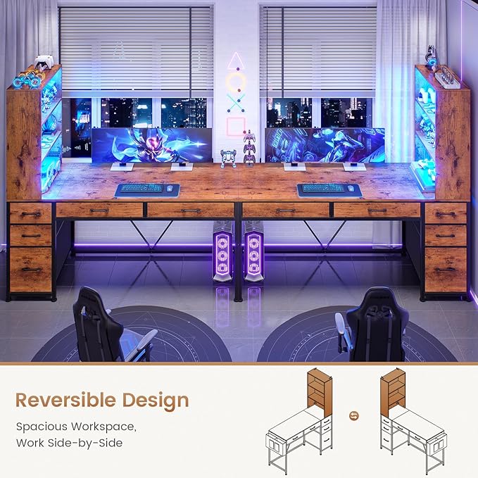 SEDETA Computer Desk with 5 Drawers and Bookshelf, Reversible Home Office Desk with Storage Shelves and File Drawer, Gaming Corner Desk with LED Lights for Small Spaces, Rustic Brown