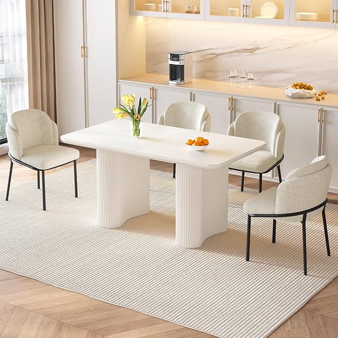 Dining Table Set for 4, 55.11" Rectangular Kitchen Table with 4 Chairs, 5-Piece Dining Set with Spacious Top & Waved Legs for Kitchen, Living Room, Home, Apartment, White
