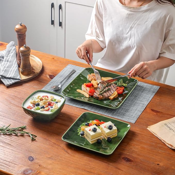 vicrays Ceramic Square 12 Pieces Dinnerware Set - Dinner Plates Salad Plates Cereal Bowls Set Service for 4 - Scratch Resistant Microwave Oven Dishwasher Safe - Green