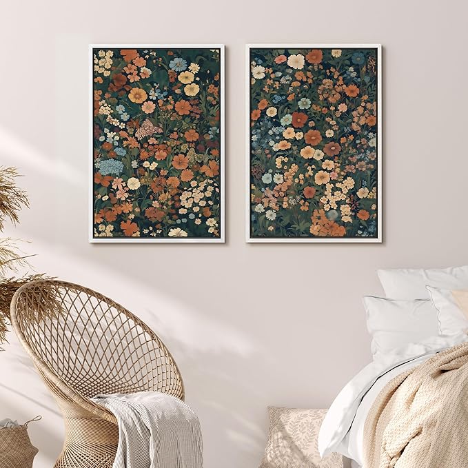 MUDECOR Framed Canvas Print Wall Art Vintage Floral Botanical Colorful Wildflowers Illustrations Modern Art Decorative Bohemian Colorful for Living Room, Bedroom, Office - 16"x24"x2 White