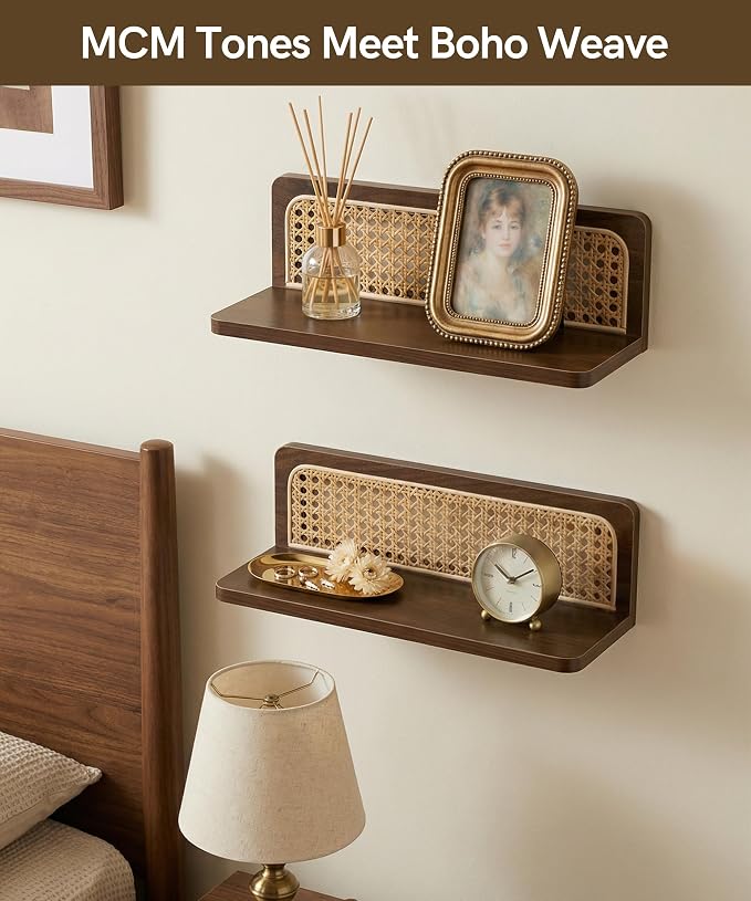 Rattan Wall Shelf Mid Century Modern Decor Floating Shelves Walnut Boho Wall Decor Decorative Shelving Home Decor Living Room Bedroom Coffee Bar Bathroom Plant Photo 16inch