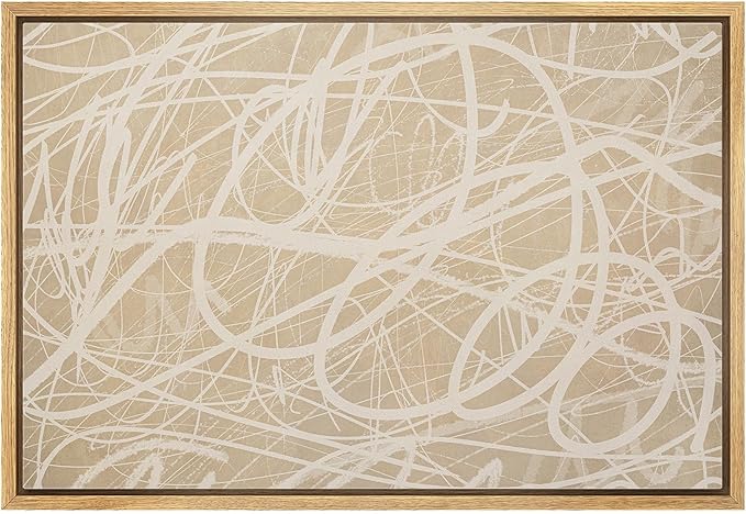 MUDECOR Framed Canvas Print Wall Art Beige Abstract Line Scribble Modern Minimal Illustrations Minimalism Decorative Bohemian Zen for Living Room, Bedroom, Office - 24"x36" NATURAL