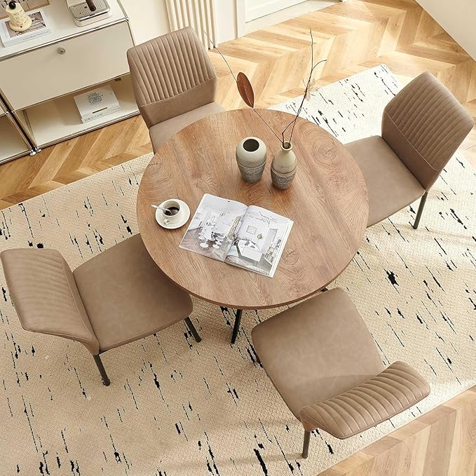 37" Round Dining Table Set for 4, Mid Century Modern Small Coffee Set for Dining Room Kitchen Apartment (Walnut Table + 4 PU Leather Beige Chairs)