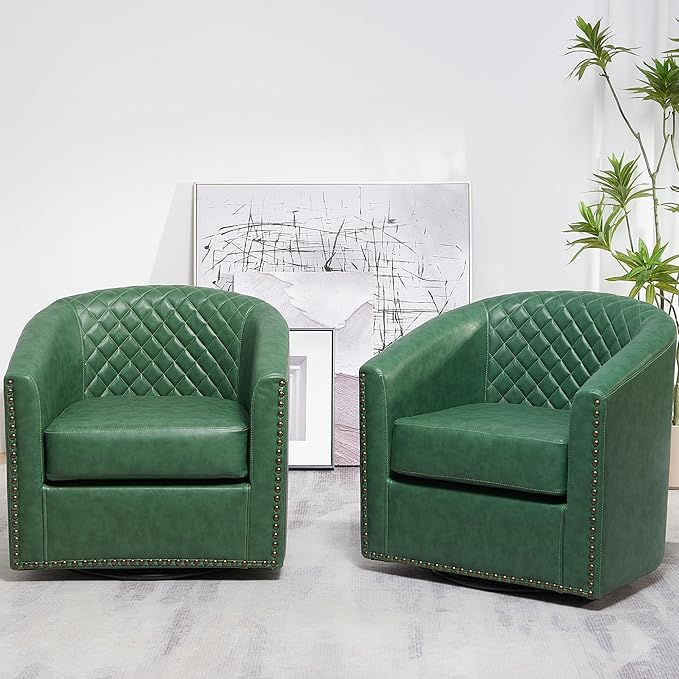 KINWELL 29" Wide Tufted Faux Leather Swivel Barrel Chair Set of 2, PU Leather Modern Upholstered Accent Chairs with Nailhead Trim, Small Armchair for Living Room Bedroom, Green