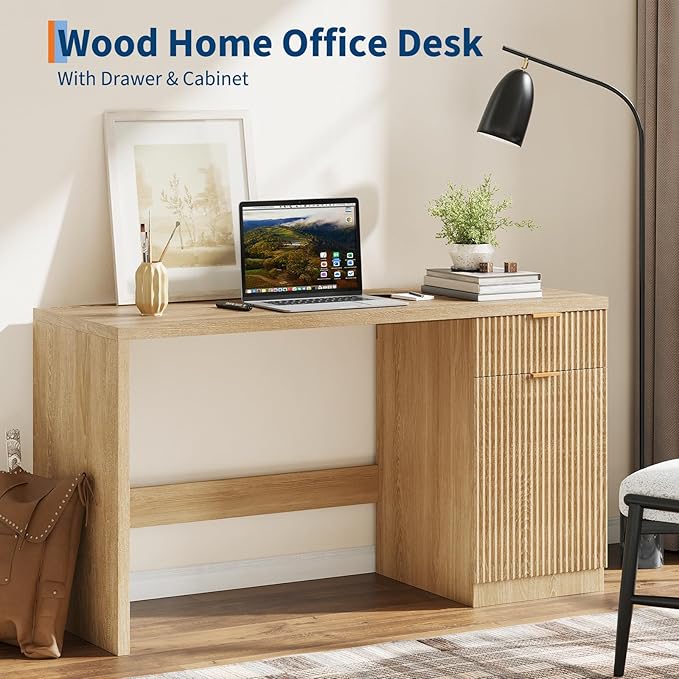 Garvee 60" Fluted Executive Desk with Drawer, Wood Fluted Computer Desks with Storage Cabinet, Home Office Desk Workstation, Farmhouse Desks for Living Room, Bedroom, Natural Oak
