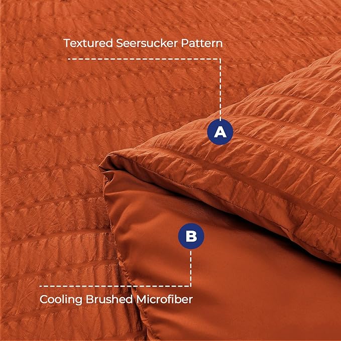 HYMOKEGE Burnt Orange Twin Comforter Set Seersucker 5 Pieces, All Season Luxury Bed in a Bag for Bedroom, Bedding Set with Comforters, Sheets, Pillowcase & Sham