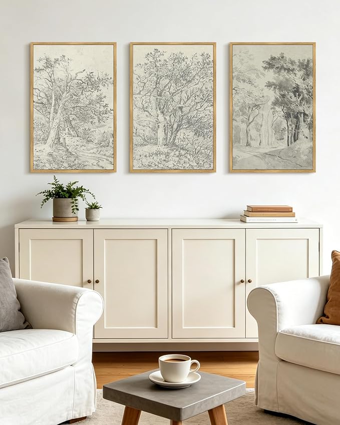 KUVIOKE Vintage Tree Framed Wall Art Retro Antique Forest Drawings Nature Wilderness Sketch Wall Painting Modern Landscape Decor 16x24in (Natural Framed)