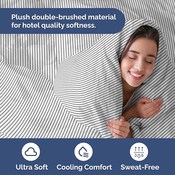 Duvet Cover Twin/Twin XL Size - Extra Soft Twin/Twin XL Size Duvet Cover - Lightweight, Breathable & Cozy w/Zipper Closures and Ties - 68" x 90" Inches - (Grey Stripes 2) Comforter Not Included