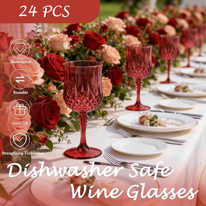 Plastic Wine Glasses, Plastic Goblets Vintage Style Cordial Drinking Glasses for Valentine’s Day, Wedding Reception, Grand Event Party Supplies (24, Scarlet Rose)