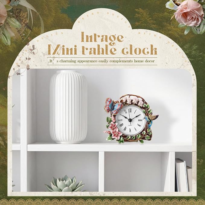 Kenning Vintage Mini Table Clock, 3.5 Inch Small Decorative Metal Non Ticking Analog Quartz Battery Operated Table Top Clock for Living Room Bedroom Bedside Desk Decor(Butterfly)
