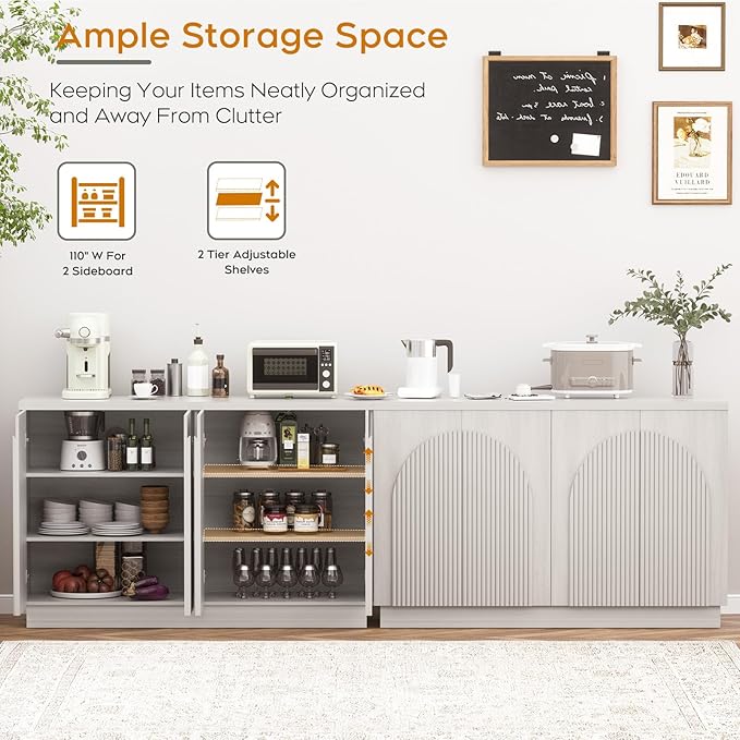 Yechen Accent Fluted Sideboard Buffet Cabinet with Arched Reeded Design Doors, Mid Century Modern Credenza Storage Cabinet with Adjustable Shelves, for Living Room Dinning, White Oak(2PCS)