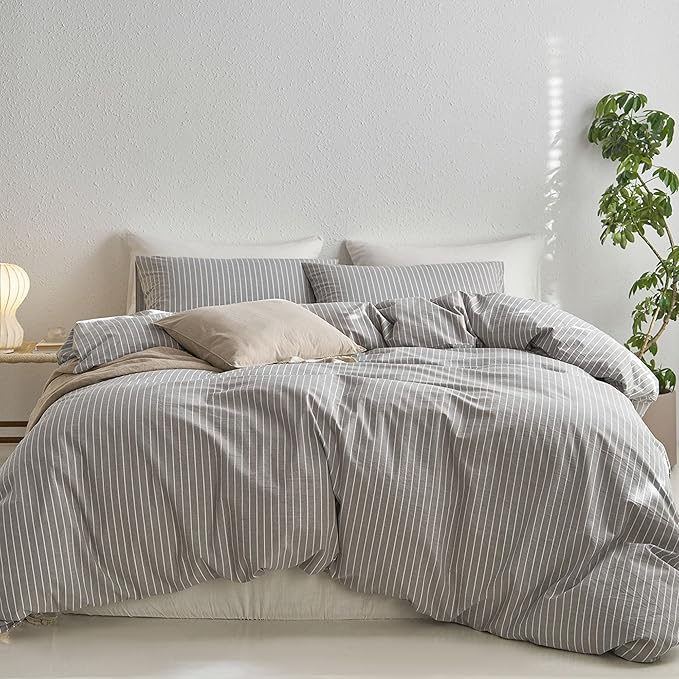 MooMee Striped Duvet Cover Set 100% Washed Cotton Linen Like Textured Breathable Durable Soft Comfy (Light Grey White Wide Stripes, Cal King 104"x98")